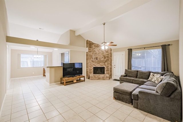 tiled living room with beam ceiling, a fireplace, high vaulted ceiling, and ceiling fan