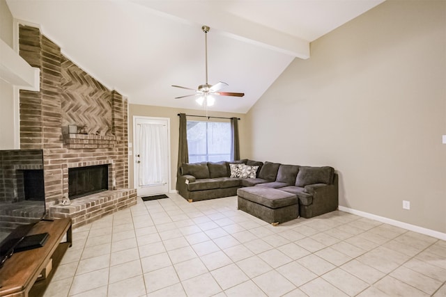 tiled living room featuring beamed ceiling, ceiling fan, high vaulted ceiling, and a brick fireplace