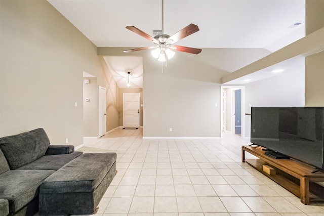 tiled living room featuring lofted ceiling and ceiling fan