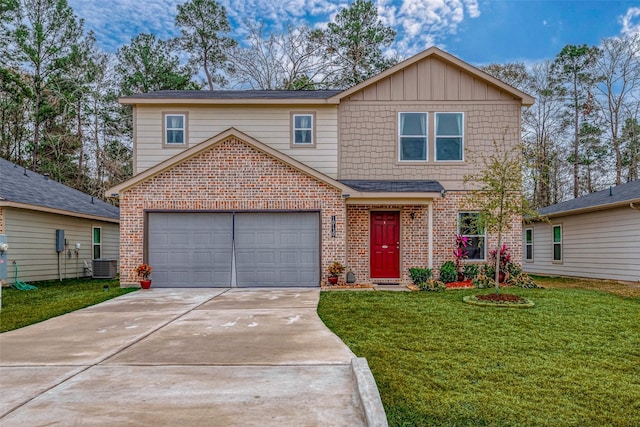 front facade with central AC, a garage, and a front yard