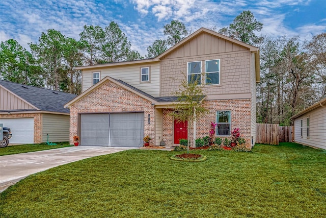 view of property with a garage and a front yard