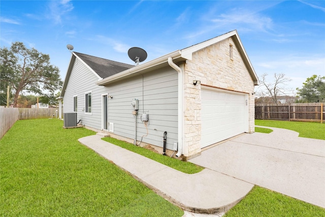 view of property exterior with central AC, a garage, and a lawn