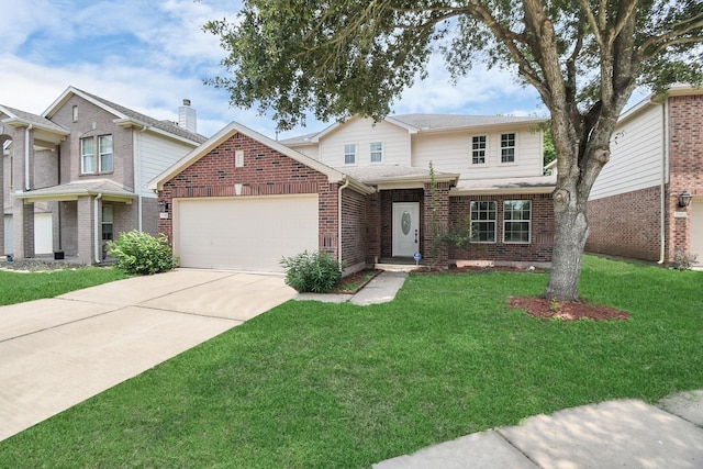 view of front facade with a garage and a front lawn