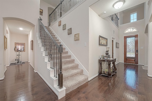 foyer entrance featuring dark hardwood / wood-style flooring and a towering ceiling