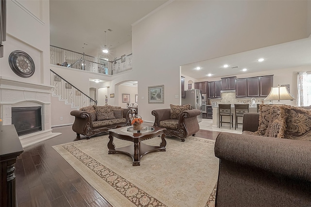 living room with wood-type flooring and a high ceiling