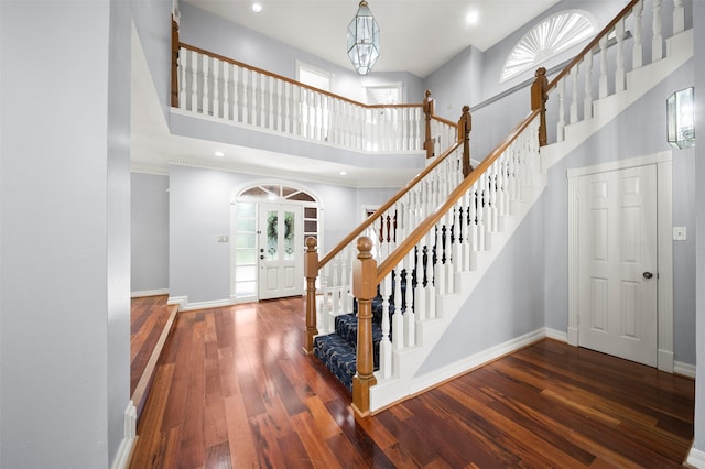 foyer with a towering ceiling and dark wood-type flooring