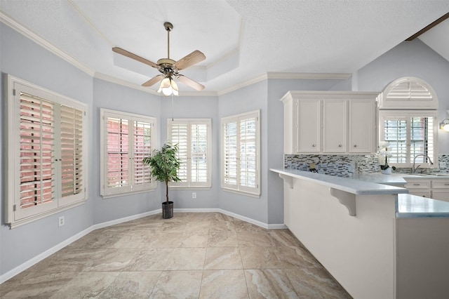 kitchen featuring a breakfast bar, white cabinetry, a raised ceiling, decorative backsplash, and kitchen peninsula