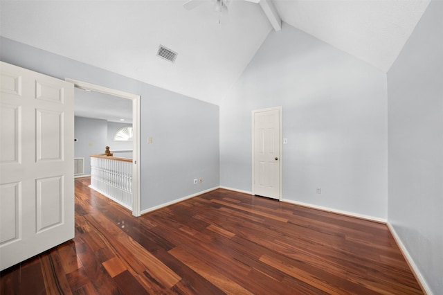 spare room featuring beamed ceiling, ceiling fan, dark wood-type flooring, and high vaulted ceiling