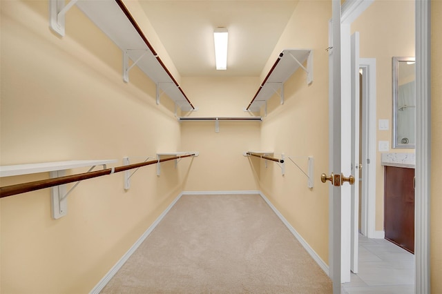 walk in closet with light carpet