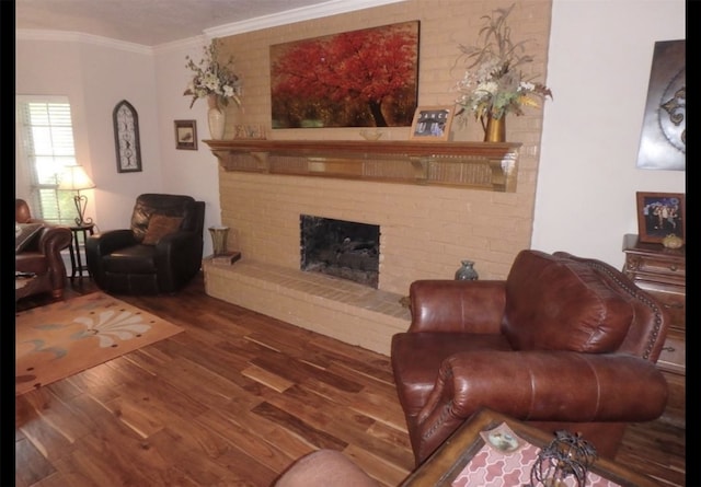 living room featuring ornamental molding, hardwood / wood-style floors, and a fireplace