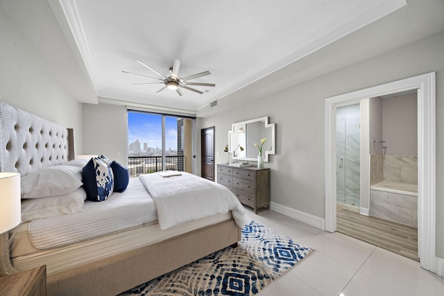 bedroom with light tile patterned flooring, crown molding, ensuite bath, access to outside, and ceiling fan