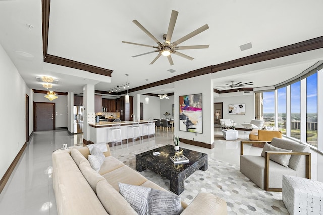 living room featuring ceiling fan, ornamental molding, and light tile patterned floors