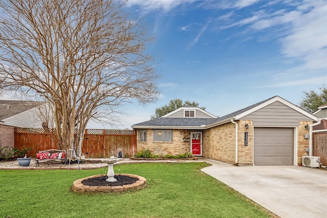 ranch-style home featuring a garage, ac unit, and a front yard