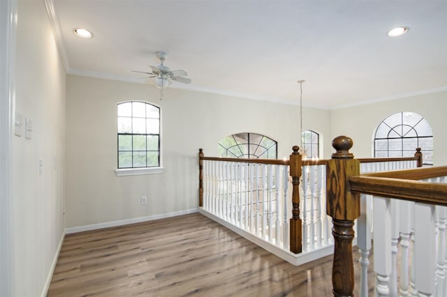 hallway featuring hardwood / wood-style flooring and ornamental molding