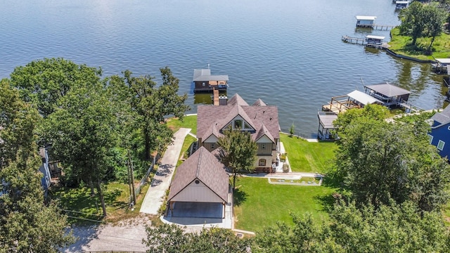 bird's eye view with a water view