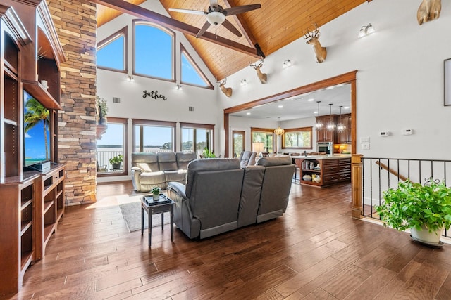 living room with ceiling fan, high vaulted ceiling, dark hardwood / wood-style floors, and wood ceiling