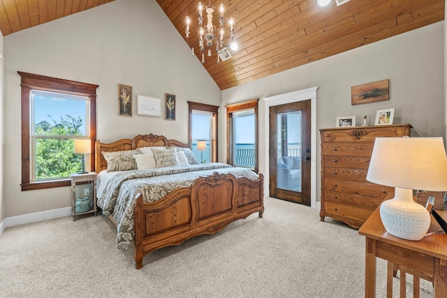 carpeted bedroom featuring an inviting chandelier, high vaulted ceiling, access to outside, and wood ceiling