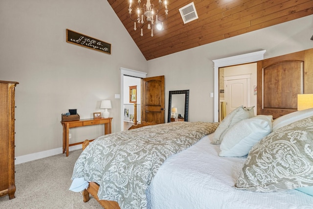 bedroom featuring high vaulted ceiling, light colored carpet, a notable chandelier, and wood ceiling