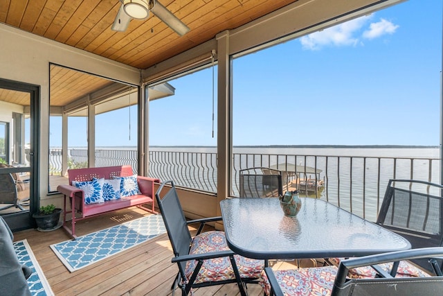 sunroom / solarium featuring a water view, wooden ceiling, and ceiling fan