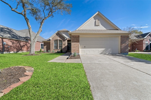 single story home with a garage and a front yard