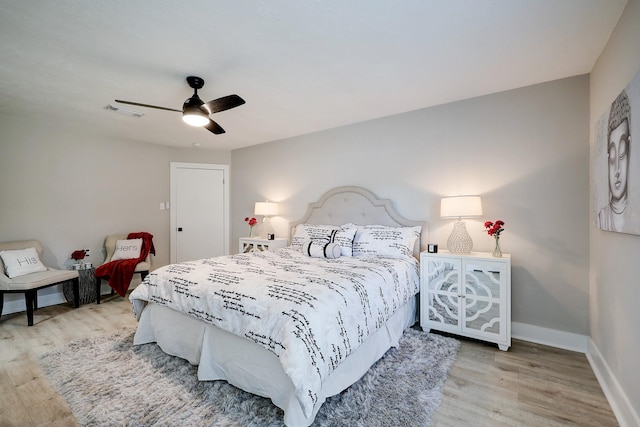 bedroom featuring ceiling fan and light wood-type flooring