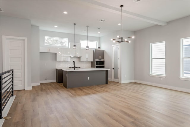 kitchen featuring pendant lighting, tasteful backsplash, an island with sink, sink, and white cabinets