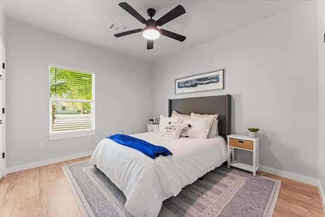 bedroom with ceiling fan and light hardwood / wood-style floors