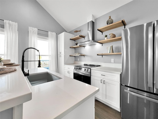 kitchen with sink, stainless steel appliances, extractor fan, white cabinets, and vaulted ceiling