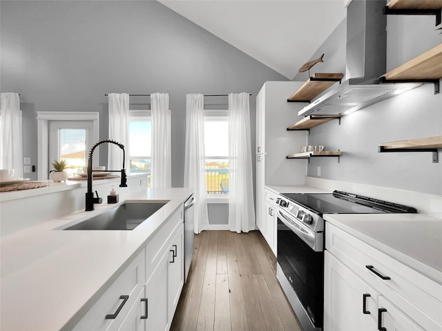 kitchen with stainless steel appliances, sink, exhaust hood, and white cabinets