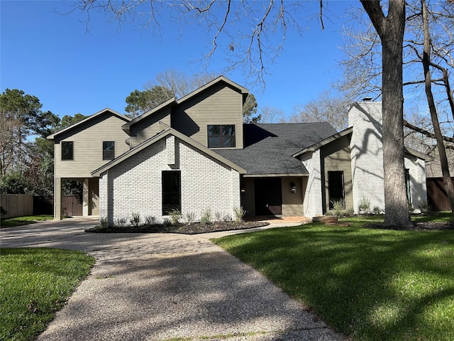 view of front of home featuring brick siding, fence, driveway, roof with shingles, and a front yard