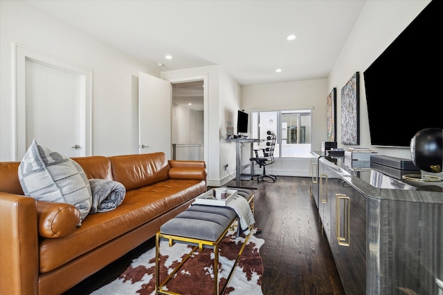 living room featuring dark wood-type flooring