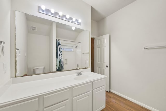 bathroom featuring vanity, toilet, and wood-type flooring