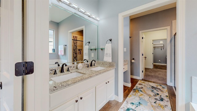 bathroom featuring a shower with shower curtain, vanity, and hardwood / wood-style floors