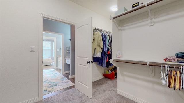 spacious closet featuring light colored carpet