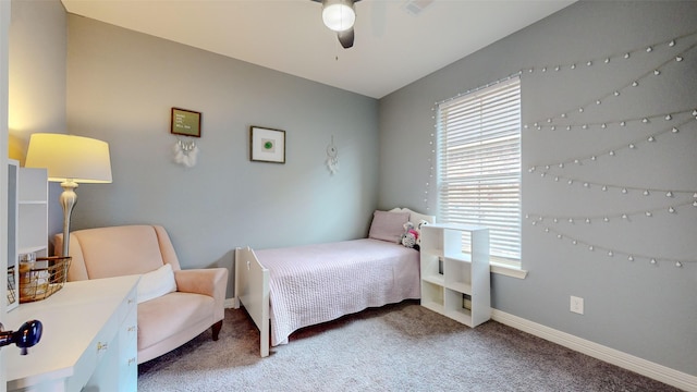 bedroom featuring carpet floors and ceiling fan