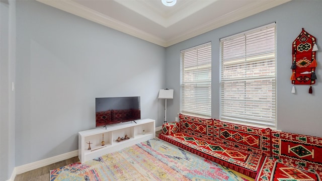 living room featuring a tray ceiling, hardwood / wood-style floors, and crown molding