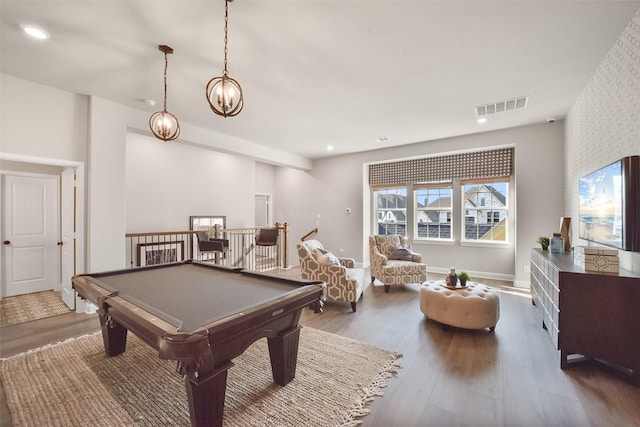 playroom featuring pool table and dark hardwood / wood-style flooring