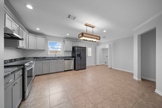 kitchen with gray cabinets, sink, hanging light fixtures, light tile patterned floors, and stainless steel appliances