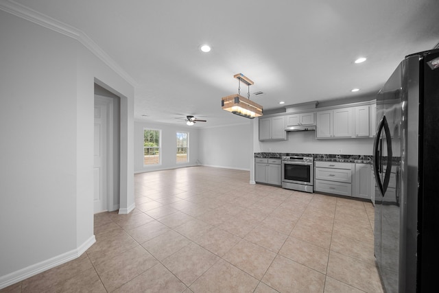 kitchen with black refrigerator, pendant lighting, gray cabinetry, and stainless steel range oven