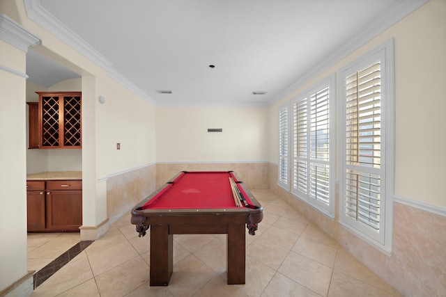 playroom with light tile patterned flooring, tile walls, crown molding, and billiards