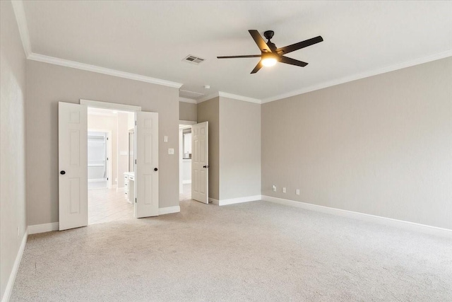 unfurnished room with crown molding, light carpet, and ceiling fan