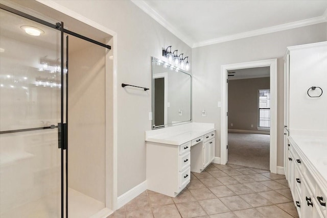 bathroom featuring crown molding, tile patterned floors, vanity, and walk in shower