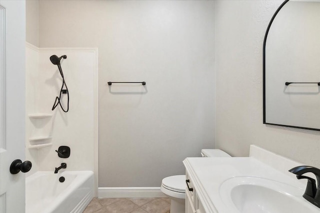 full bathroom featuring washtub / shower combination, tile patterned floors, toilet, and vanity