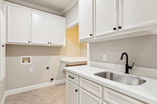 laundry room with sink, cabinets, washer hookup, light tile patterned floors, and hookup for an electric dryer