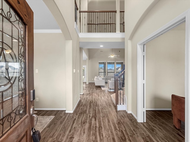 entryway featuring ornamental molding, dark wood-type flooring, and a towering ceiling