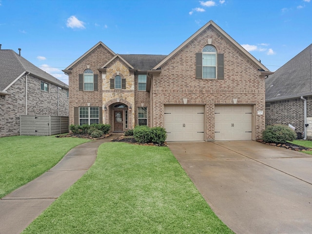 view of front property featuring a garage and a front lawn