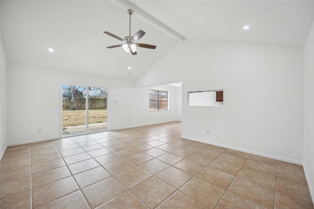 empty room featuring light tile patterned floors, beam ceiling, high vaulted ceiling, and ceiling fan