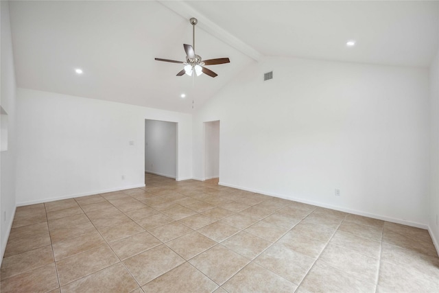 spare room with light tile patterned flooring, ceiling fan, beam ceiling, and high vaulted ceiling