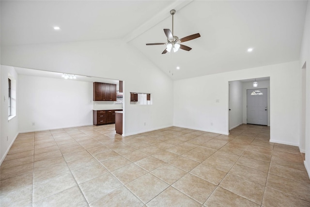 unfurnished living room with light tile patterned floors, beam ceiling, high vaulted ceiling, and ceiling fan