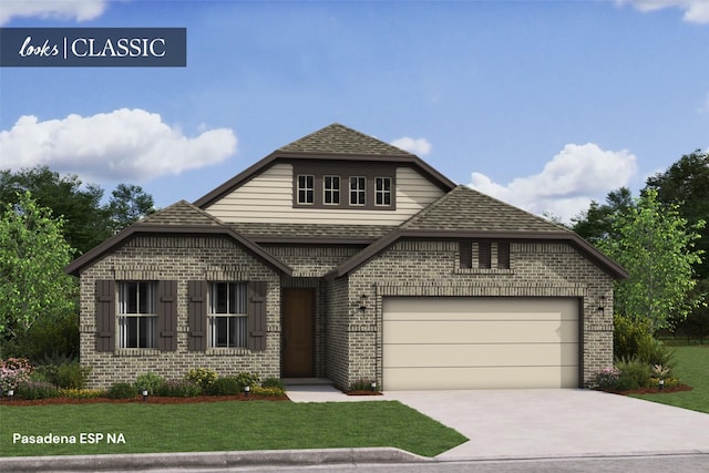 view of front facade featuring brick siding, a shingled roof, concrete driveway, an attached garage, and a front yard